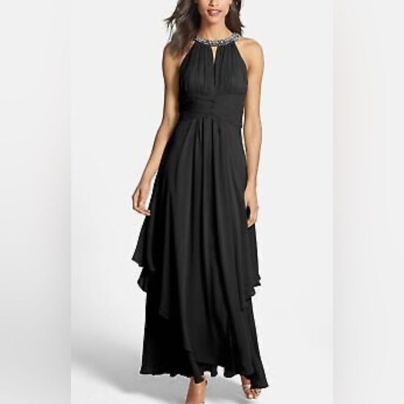 Eliza J Dress Women’s 8 Embellished Tiered Chiffon Halter Gown Black Like New - Picture 1 of 10